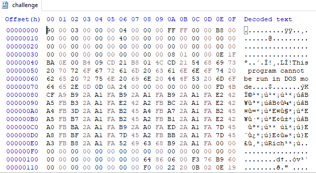 Figure 1: Hex view of the malware sample showing missing `MZ` and `PE` headers.