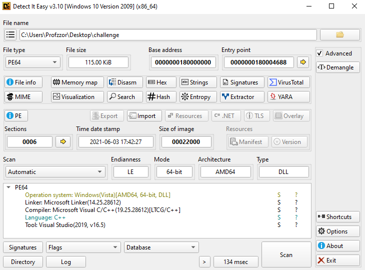 Figure 6: Static analysis results from Detect It Easy showing compiler, linker, and PE metadata