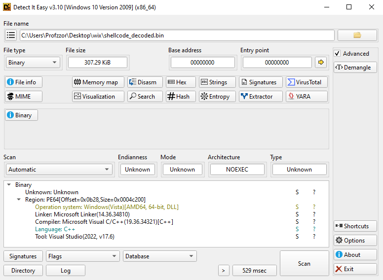 Figure 1: Detect It Easy (DIE) scan of shellcode_decoded.bin.