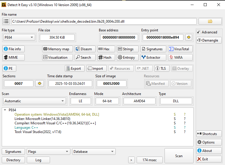 Figure 2: Analysis of the extracted DLL payload (shellcode_decoded.bin.0b28...dll).