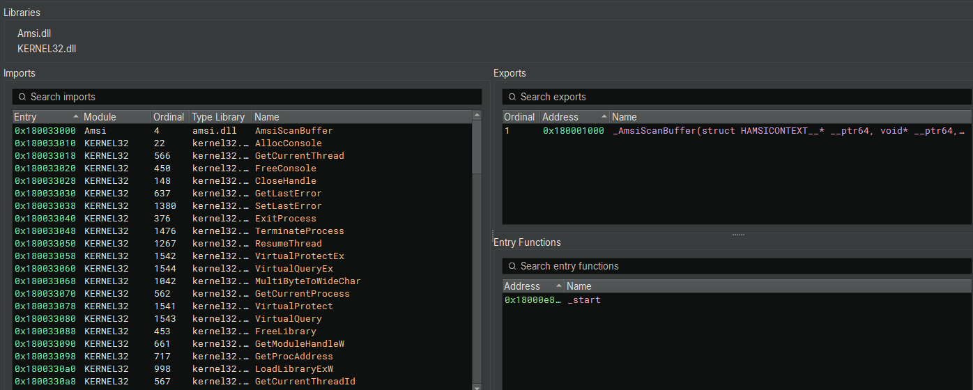 Figure 3: Binary Ninja triage view showing Imports and Exports of the extracted DLL.