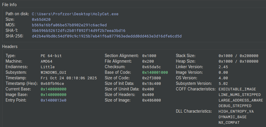 Figure 1: File metadata extracted from Binary Ninja, highlighting the file hash, size, and timestamp.
