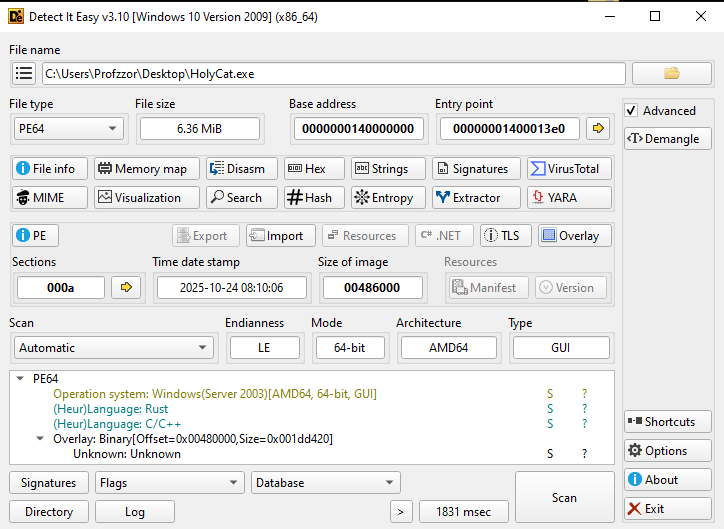 Figure 2: Static scan results from Detect It Easy (DIE) identifying the Rust compiler signature.