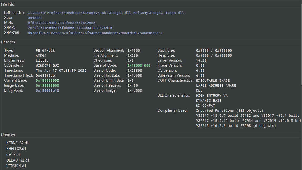 Figure 11: Static analysis of the payload showing the VS2019 compiler and DLL characteristics.