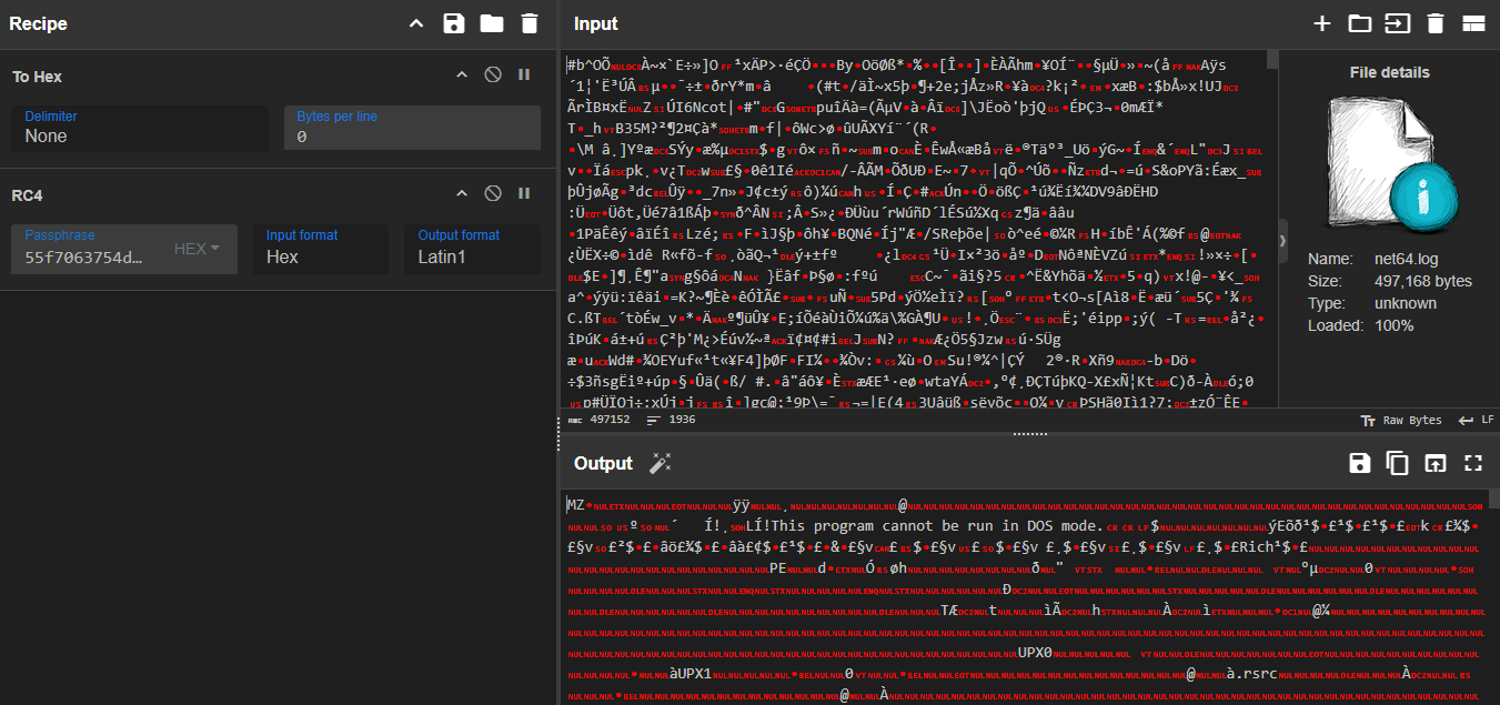 Figure 13: CyberChef recipe decrypting net64.log using the extracted header key.