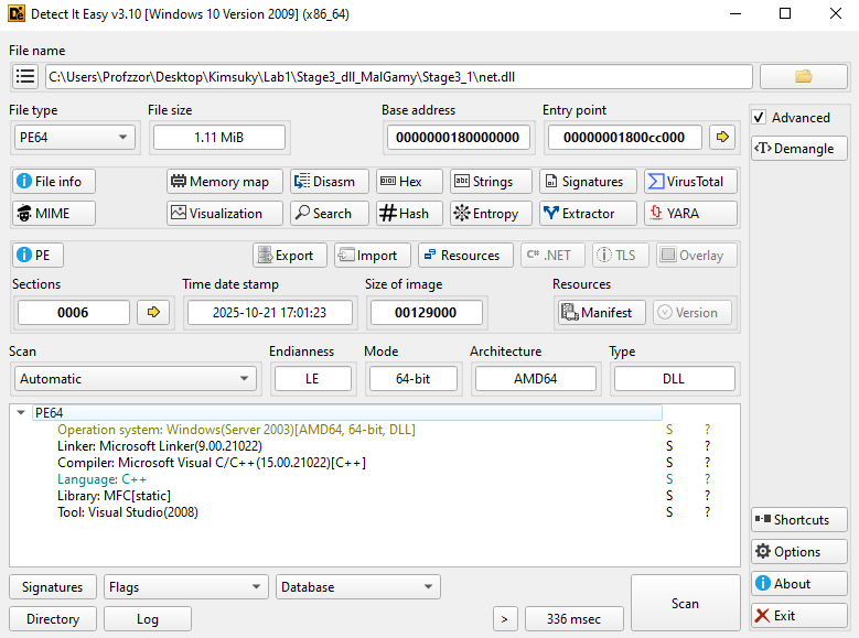 Figure 15: Detect It Easy view of the **unpacked** net.dll, confirming the removal of the UPX layer and revealing the true section headers.