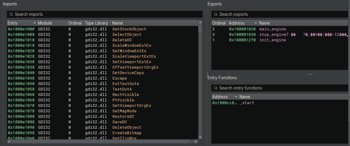 Figure 17: Export table of net.dll showing the `init_engine` function, which corresponds to Ordinal `#1` used by the loader.