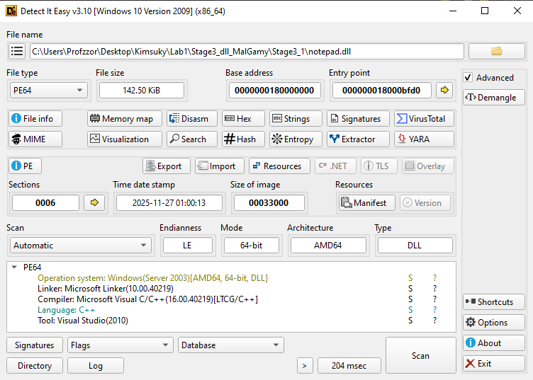 Figure 19: Detect It Easy analysis of the decrypted notepad.dll showing a standard MSVC build.