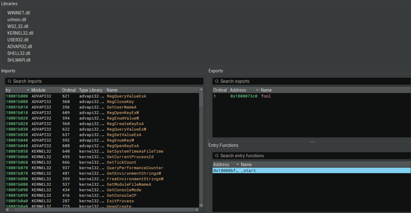 Figure 20: Binary Ninja view of notepad.dll showing the single export fool and the Registry-focused import table.