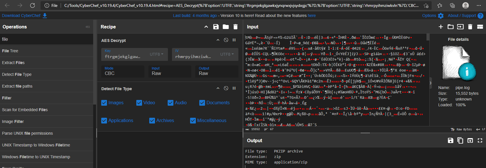 Figure 21: Cyberchief output revealing, decrypted file is ZIP.