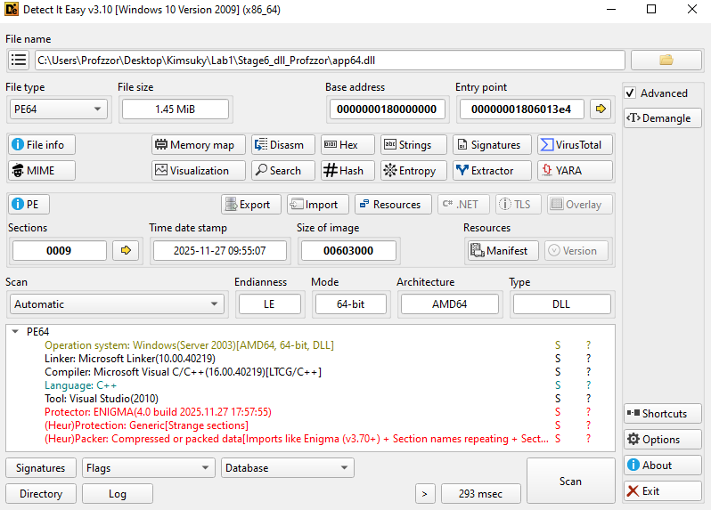Figure 24: Detect It Easy (DIE) analysis showing the compilation timestamp, file size, and PE64 structure.