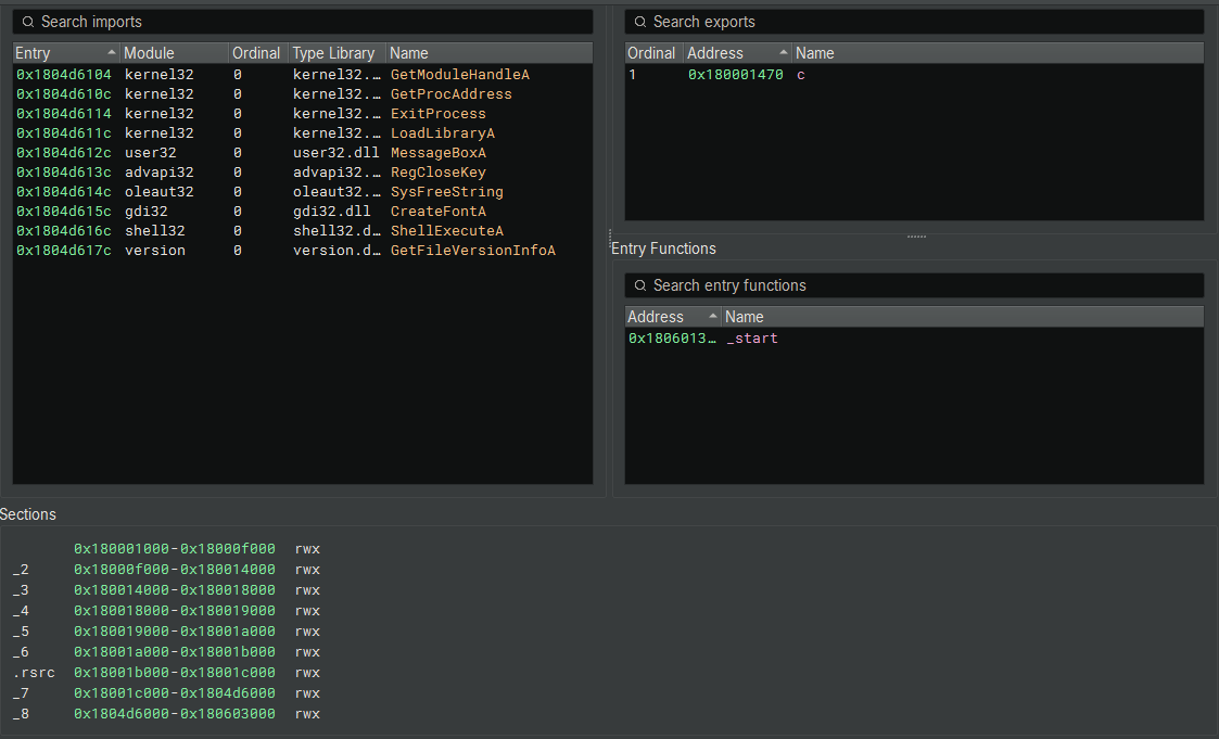 Figure 26: Binary Ninja view displaying non-standard section names and RWX permissions.