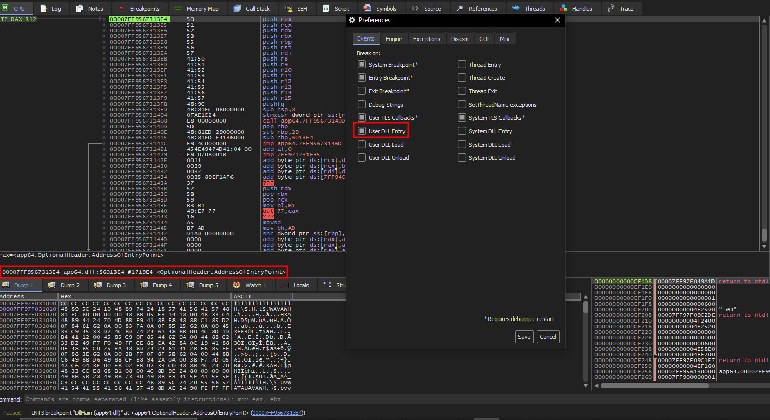 Figure 27: x64dbg Preferences configured to break on "User DLL Entry" and the resulting break at the DllMain entry point.