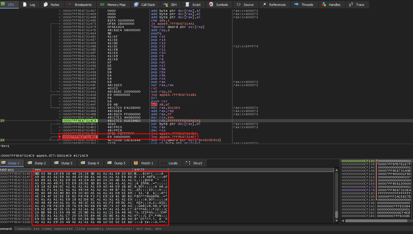 Figure 28: Breakpoint at JMP instruction to pass execution control.