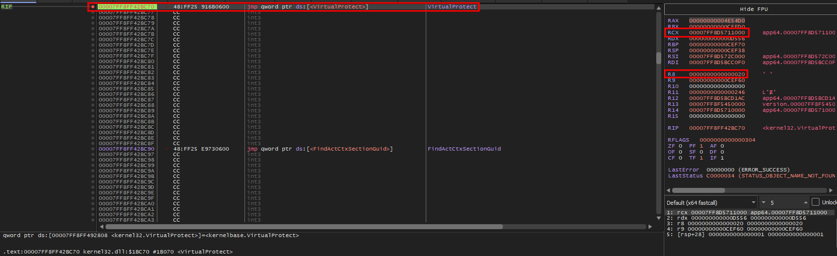 Figure 29: x64dbg halted at VirtualProtect. Register R8 shows 0x20 (Execute/Read), signaling the payload is ready.