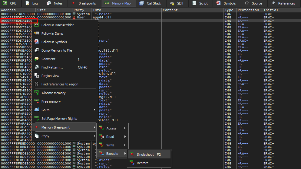 Figure 30: Configuring the final execution trap on the decrypted code section.