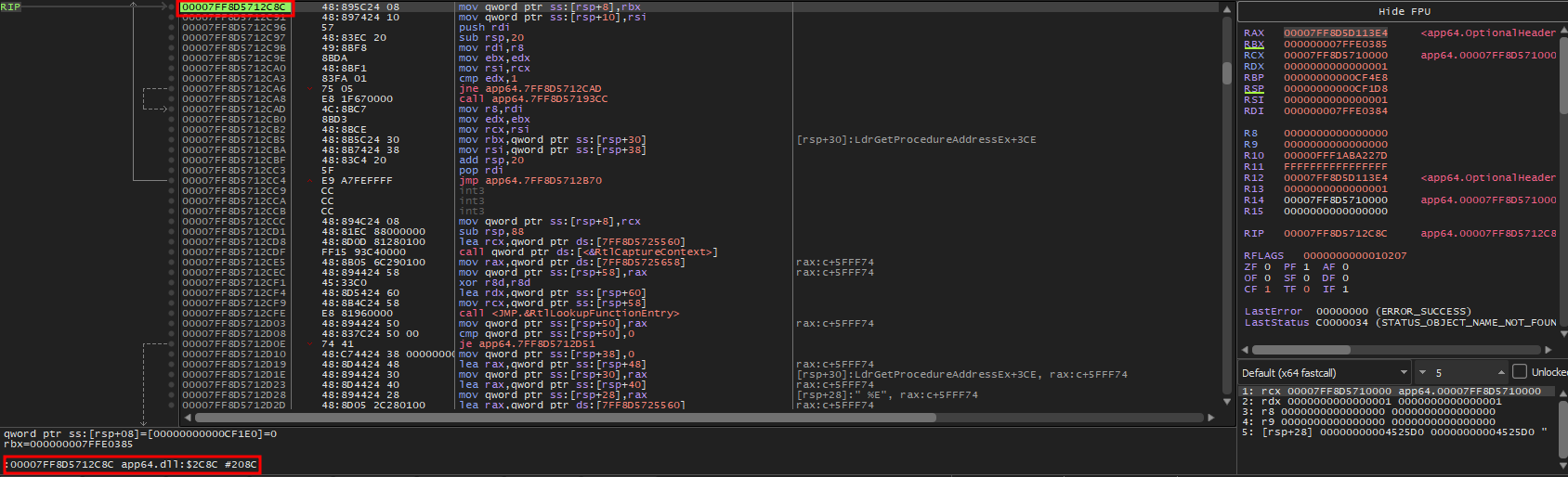 Figure 31: Execution suspended at the Original Entry Point (OEP) of the unpacked payload.