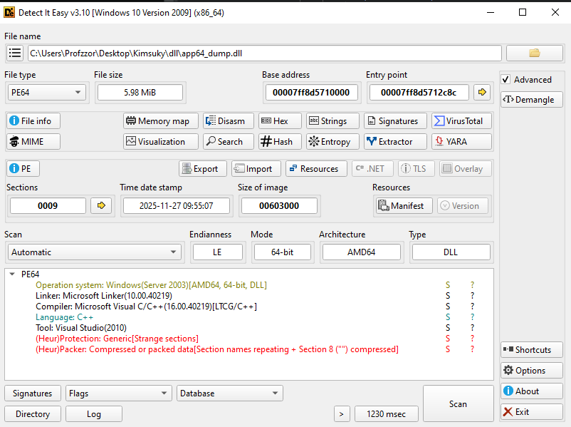 Figure 35: Detect It Easy analysis of the unpacked dump. Note the corrected Entry Point (2C8C) matching our debugger findings.