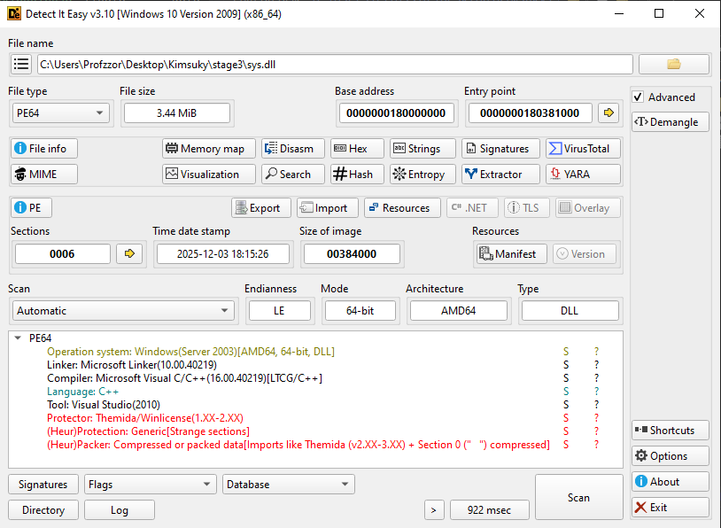 Figure 4: Detect It Easy overview of PE64 metadata and packer detection.