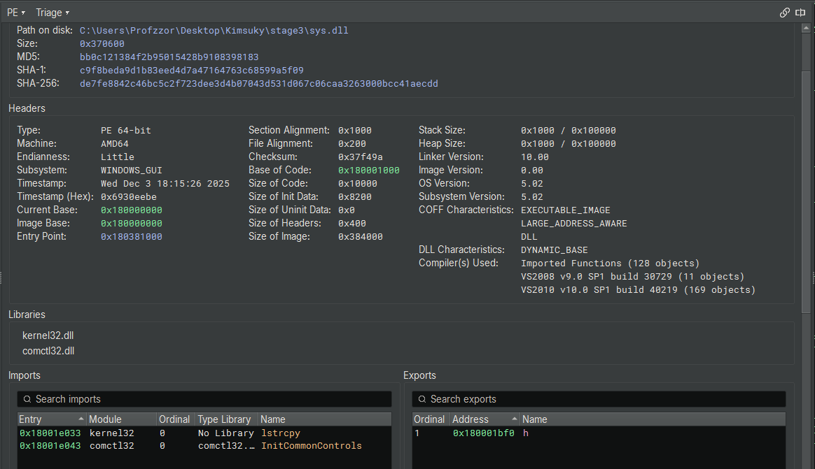 Figure 5: PE analysis view showing headers, compiler metadata, and imports/exports.
