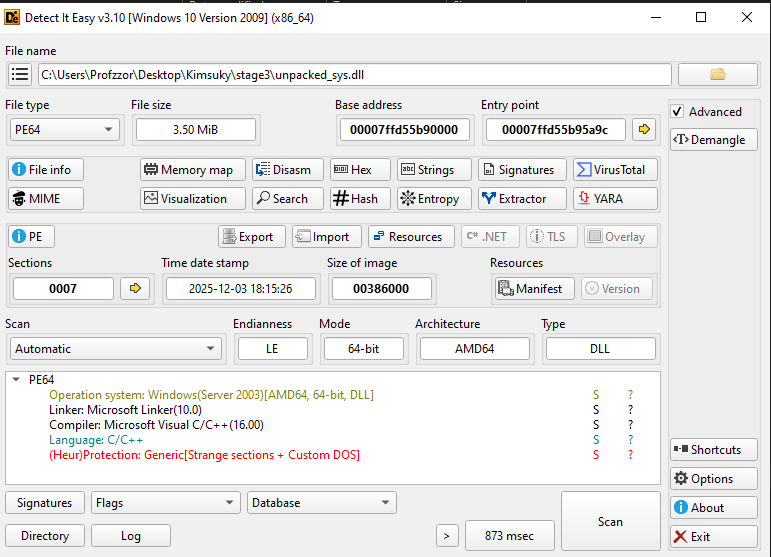 Figure 6: Detect It Easy view of `unpacked_sys.dll` confirming the binary is successfully unpacked.