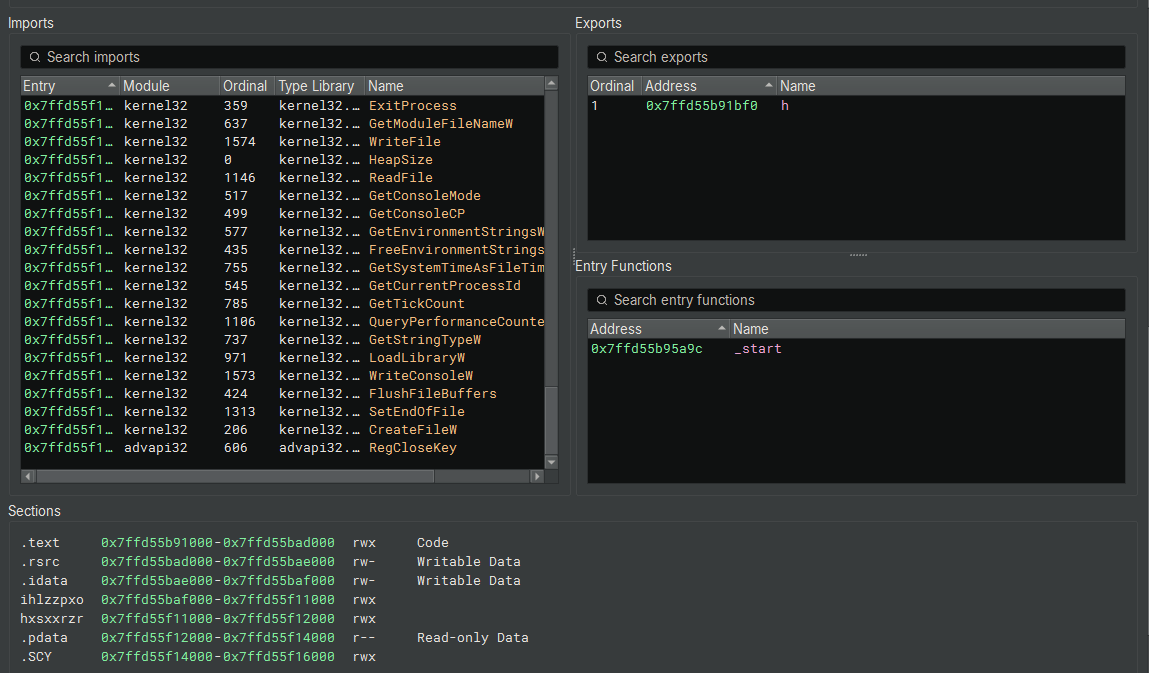 Figure 7: Binary Ninja import, export, and entry-point view of `unpacked_sys.dll`.