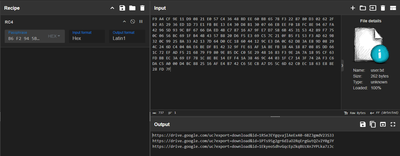 Figure 8: CyberChef analysis decrypting user.txt using the extracted RC4 key, revealing Google Drive URLs.