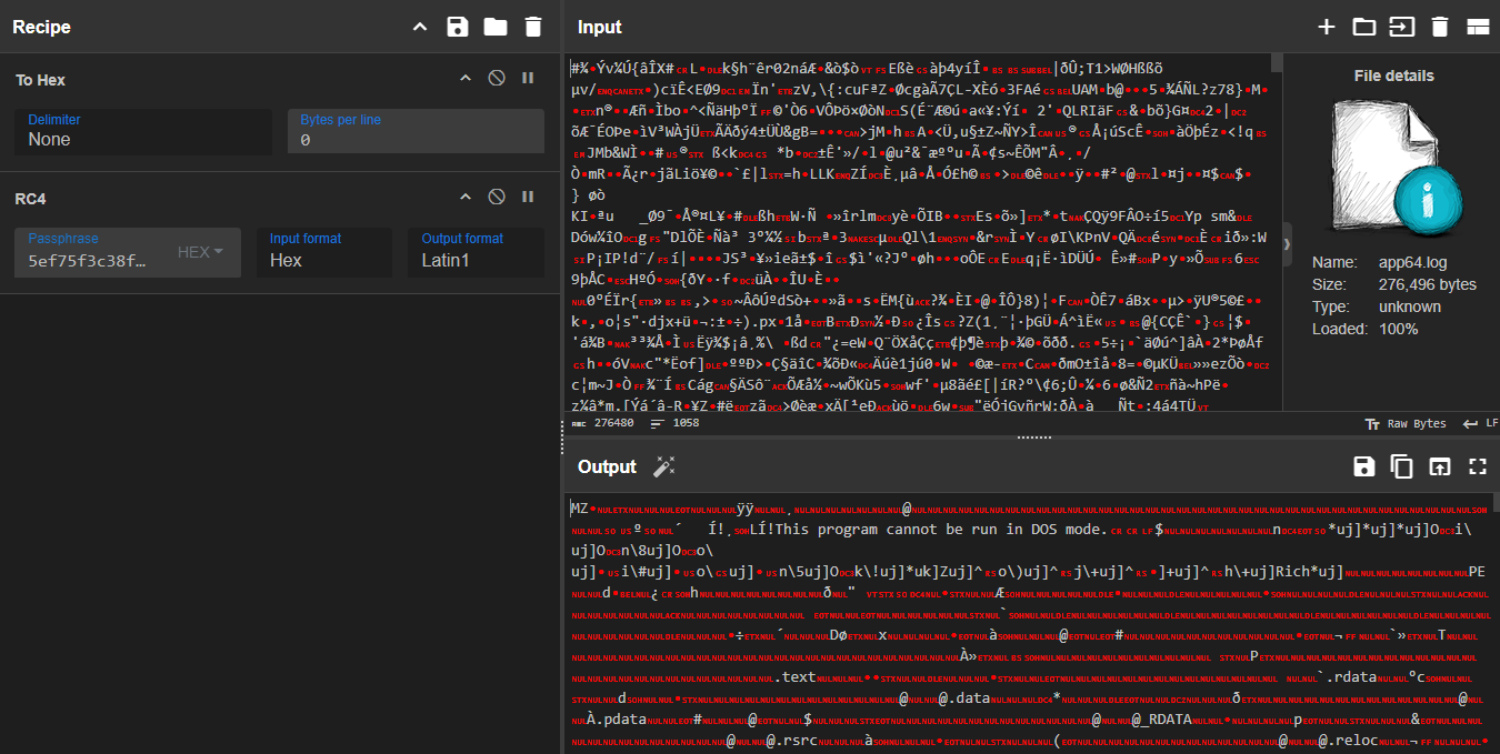 Figure 9: CyberChef recipe extracting the RC4 key from the file header and decrypting the payload, revealing the MZ signature.